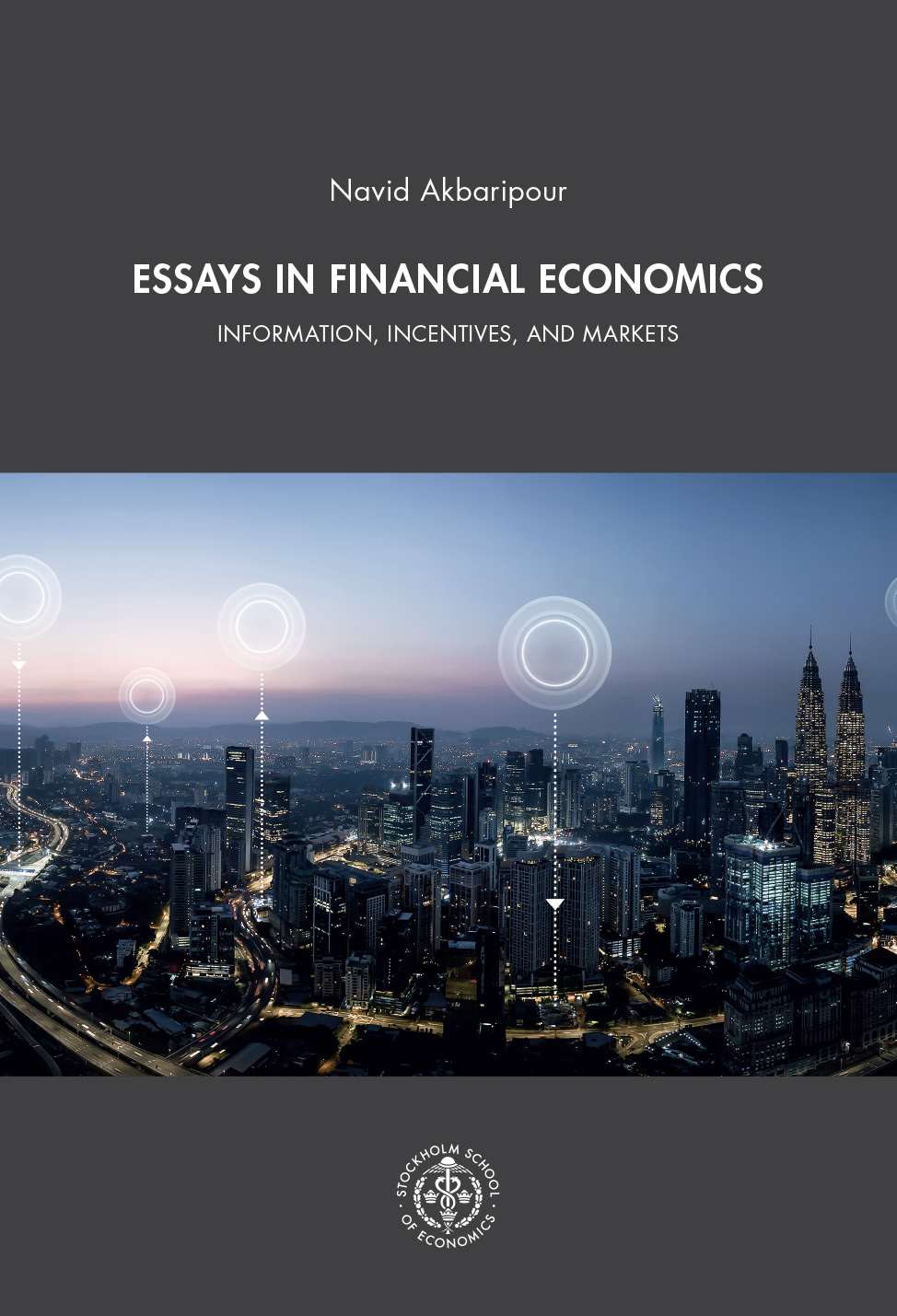 The front cover with an image showing a wide view of a modern city at dusk shows glowing skyscrapers and highways, overlaid with futuristic circular icons hovering above buildings like a digital network connecting the skyline.