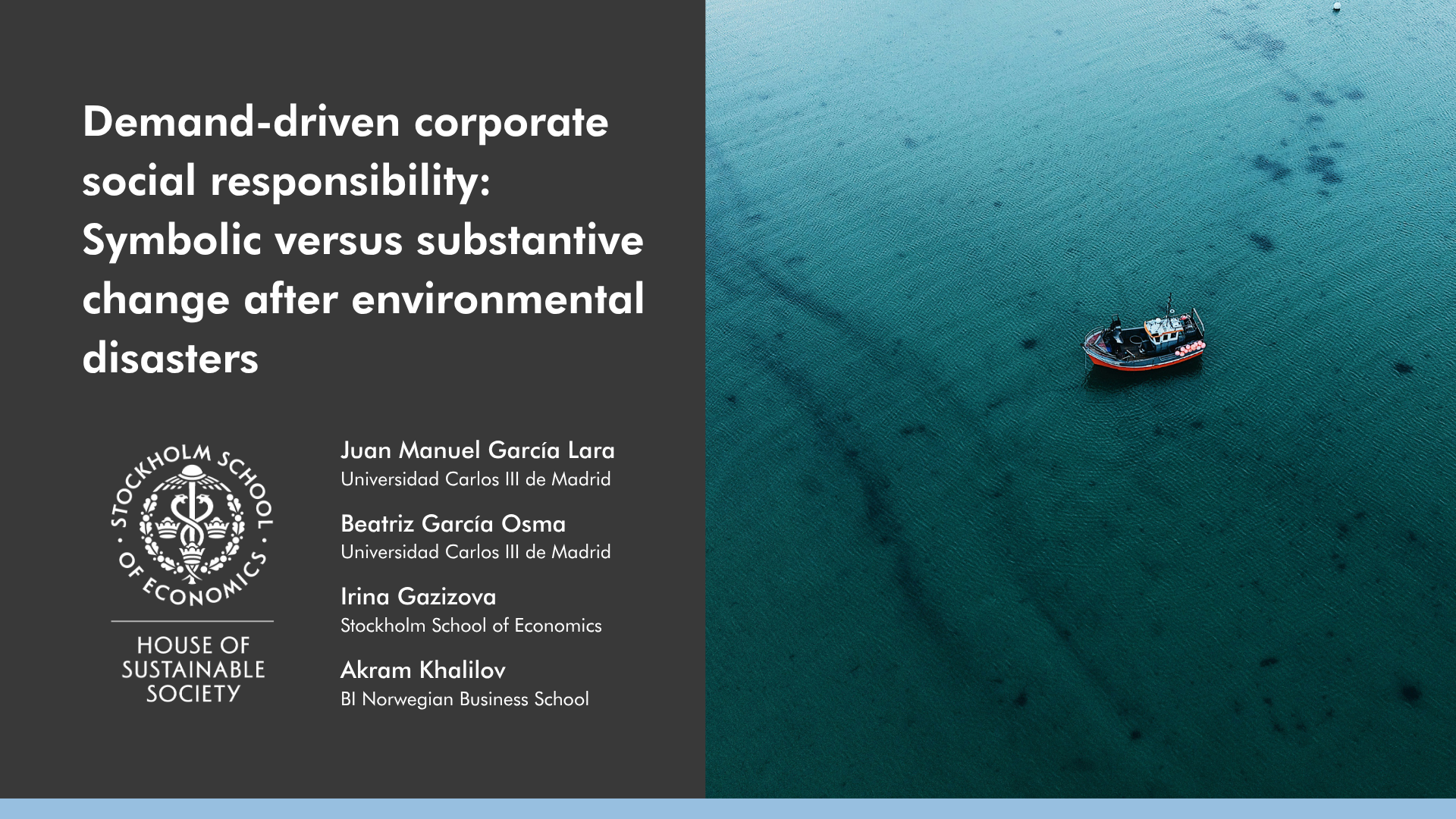 Boat floating in the sea, with oil spills around it
