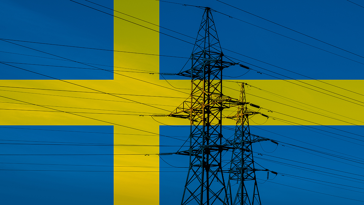 Swedish flag with electric tower and lines. Energy supply in Sweden. High electricity and energy market prices.