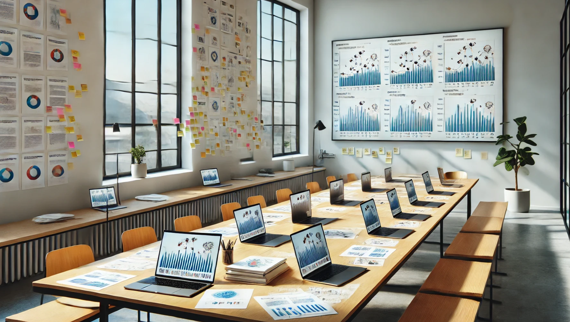 A modern workspace with papers, laptops, and a screen showing predictions, suggesting research and analysis.