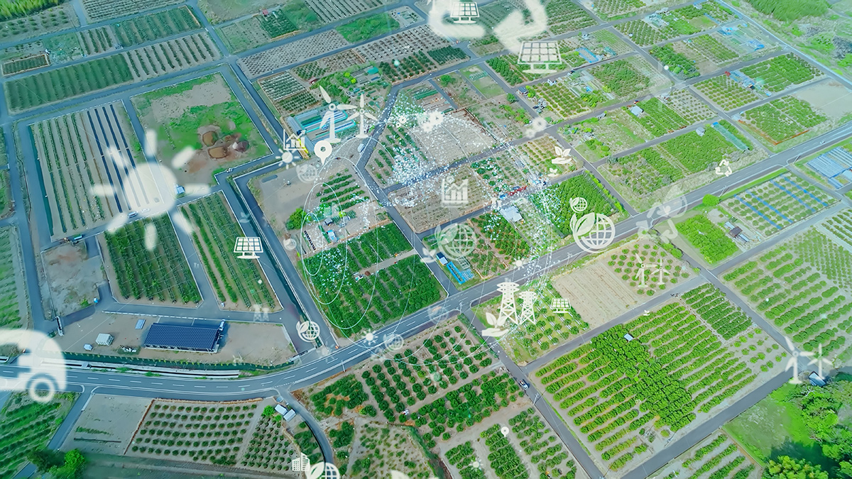 Agricultural land aerial view and  technology concept. Environmental technology. Agri-tech.