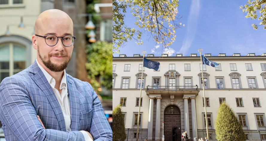 Portait of researcher and the SSE building beside the portait