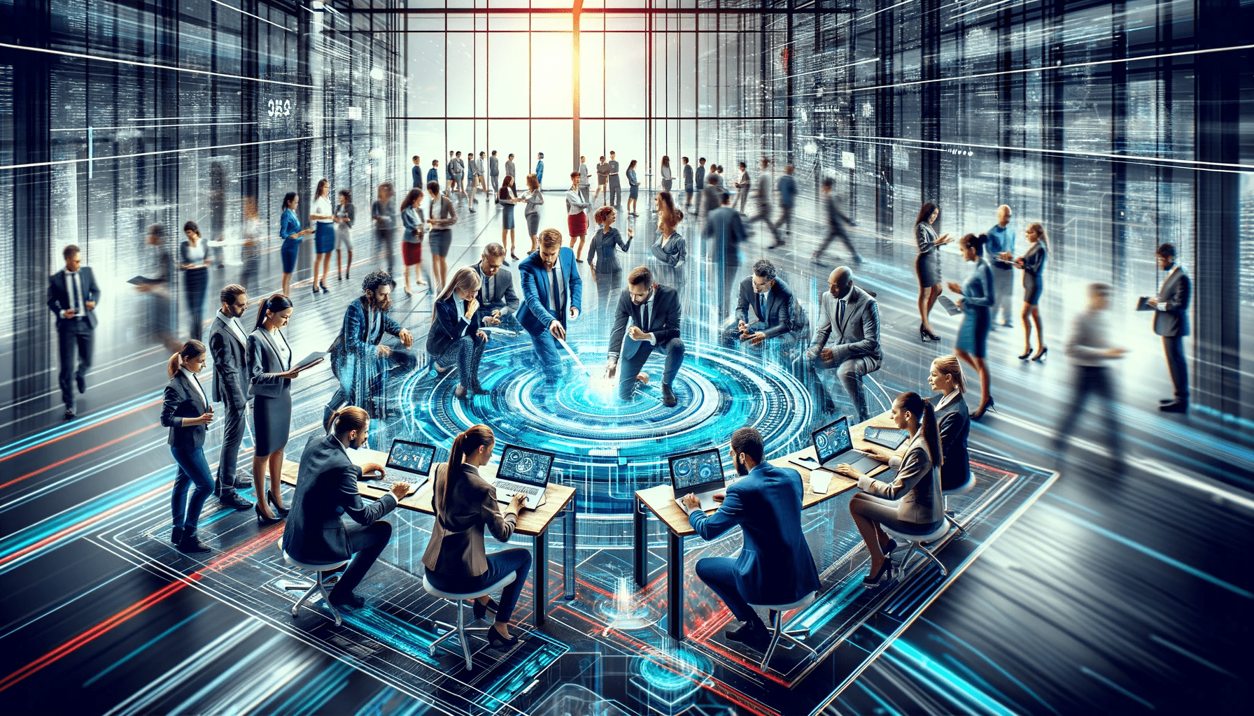 dynamic and engaging scene depicting a diverse group of professionals collaborating on a high-tech project. The professionals are a mix of permanent-min.png