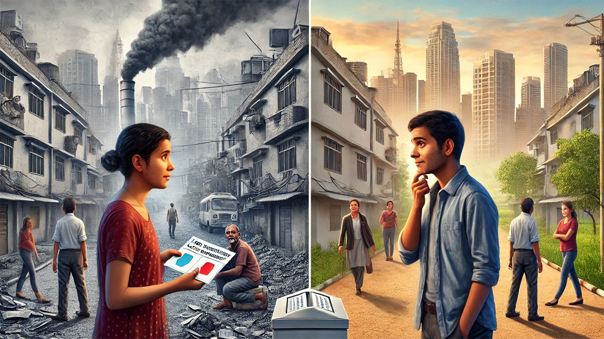Two participants, one from India and one from the US, face a decision about learning life expectancy loss due to air pollution. One hesitates against the backdrop of a polluted city, while the other confidently engages with the information. The background blends rural and urban environments, illustrating contrasting emotions of concern and optimism in response to control over the information.