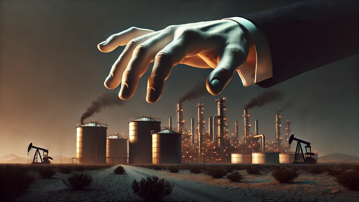An ominous, large white hand partially covered by a black suit sleeve reaches out towards an African oil factory, as if attempting to grab it. The factory is surrounded by tall oil tanks, rusty pipes, and chimneys emitting dark smoke, set against a dry, cracked landscape with scattered shrubs. The scene has a dark, gritty atmosphere under a hazy, dimly lit sky, with the factory glowing faintly with orange lights, enhancing the eerie and foreboding vibe.