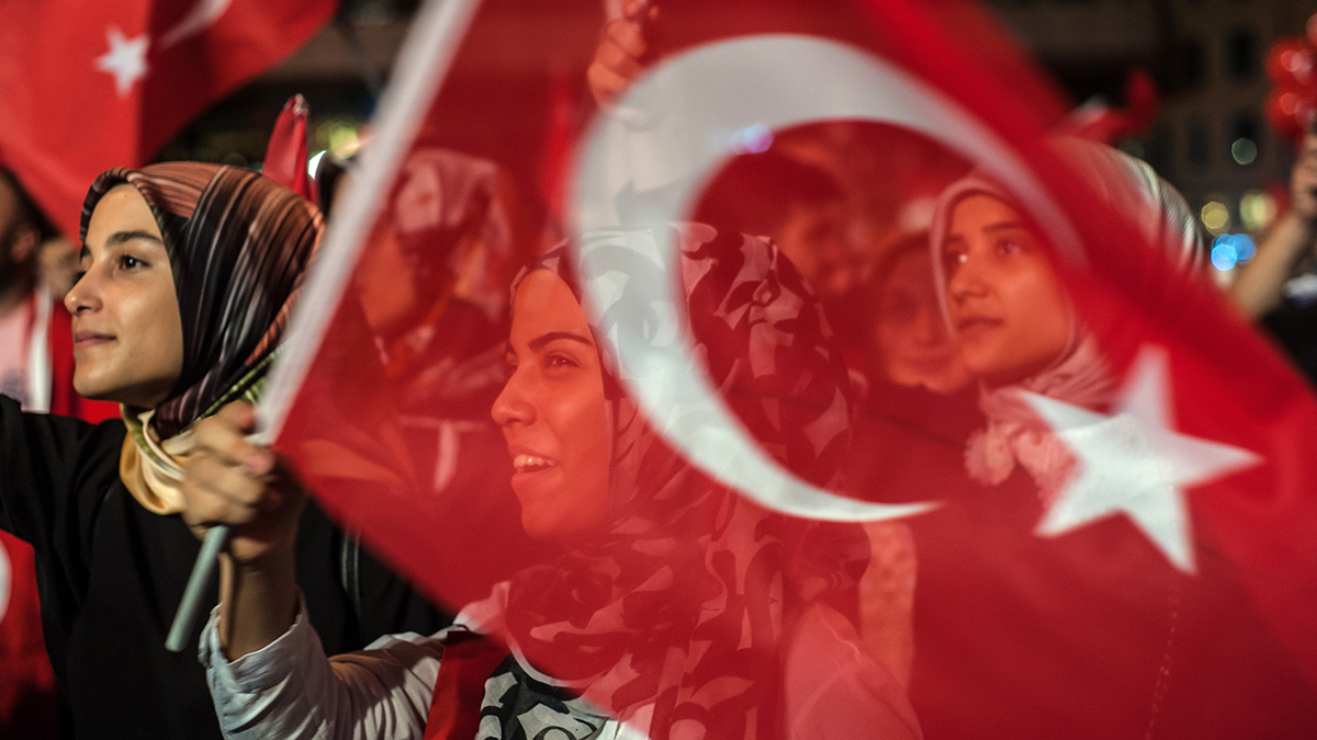 Istanbul. Turkey. July 19th 2016 Thousands of Turkish pro Akp government supporters have been flocking to the main Taksim square in Istanbul to celebrate the failed coup attempt.