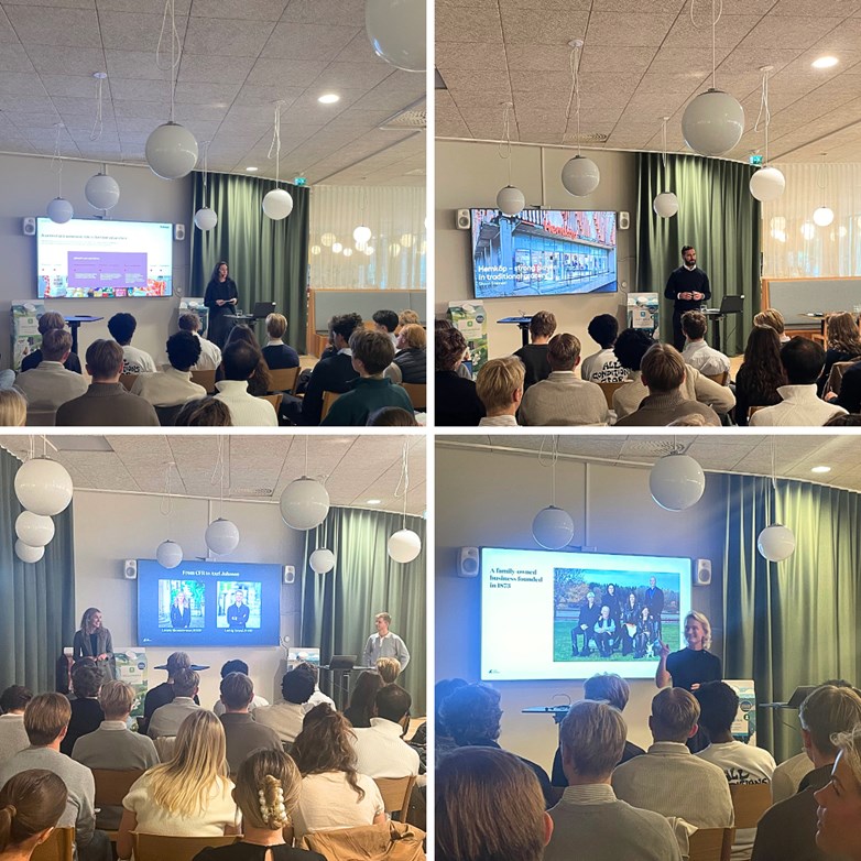 Study Visit Axel Johnson, Shoan Etemadi (CEO Hemköp & Tempo)  presenting in front of students.