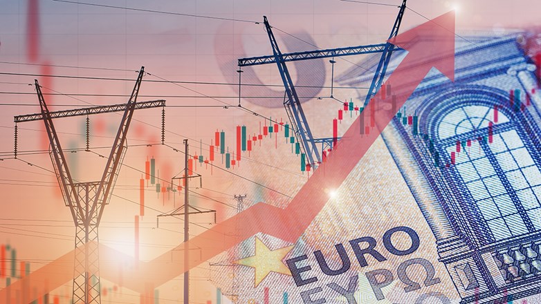 Power lines next to euro notes with stock chart and rising up arrow. Energy crisis in Europe. Price increase of electricity consumptions for home and industry. Electricity trade.