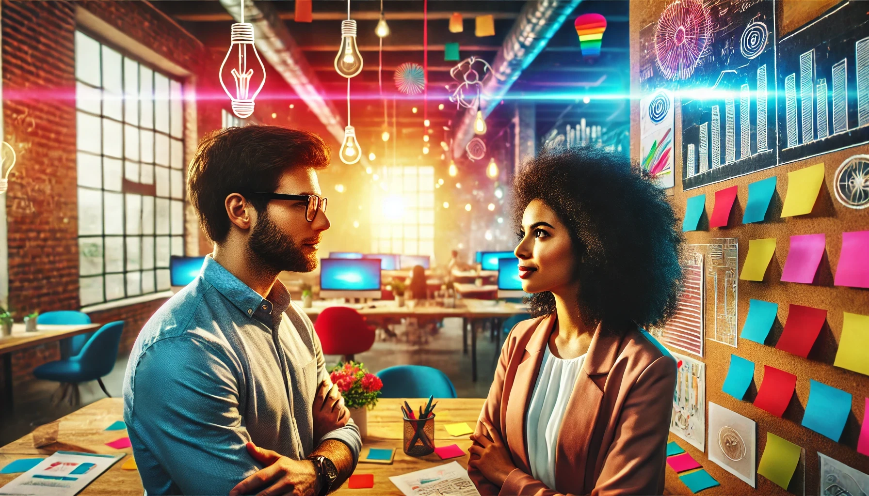A vibrant image of two diverse colleagues deeply engaged in a conversation, surrounded by an open, collaborative office space. The room features idea .png