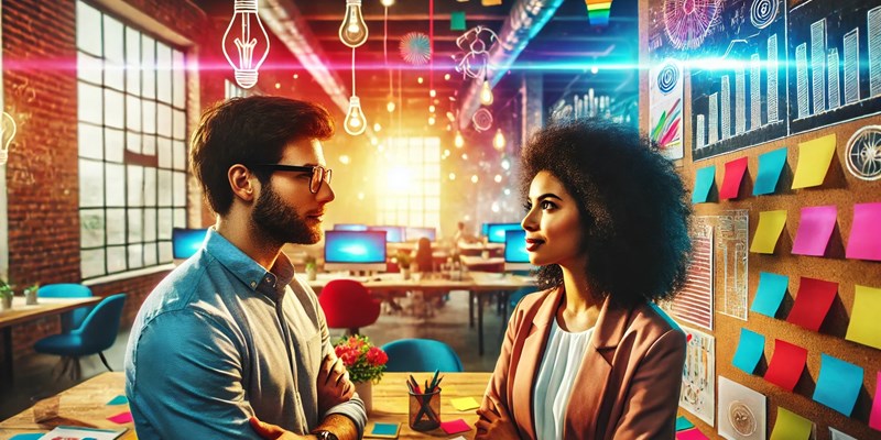 A vibrant image of two diverse colleagues deeply engaged in a conversation, surrounded by an open, collaborative office space. The room features idea .png