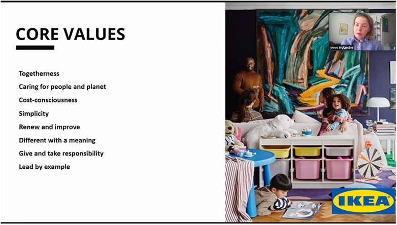 PPT slide showing IKEA's core values in text, to the right a picture from IKEA's catalouge and a sample picture of a furnished kid's room.