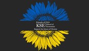 Friends of KSE logo together with a graphic sunflower design with Ukrainian flag colors