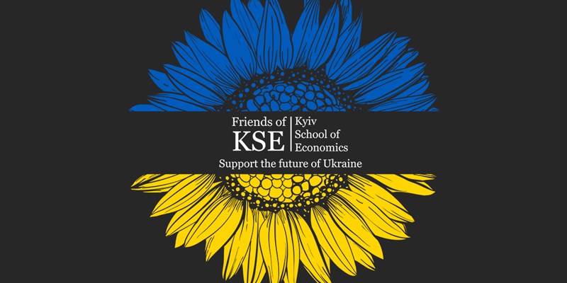 Friends of KSE logo together with a graphic sunflower design with Ukrainian flag colors