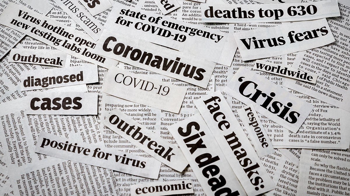 Coronavirus, covid-19 newspaper headline clippings. Print media information isolated