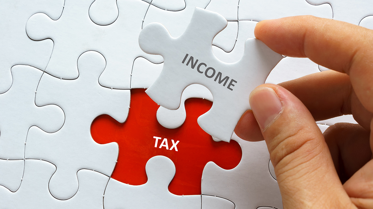 Hand holding puzzle piece with word income tax.