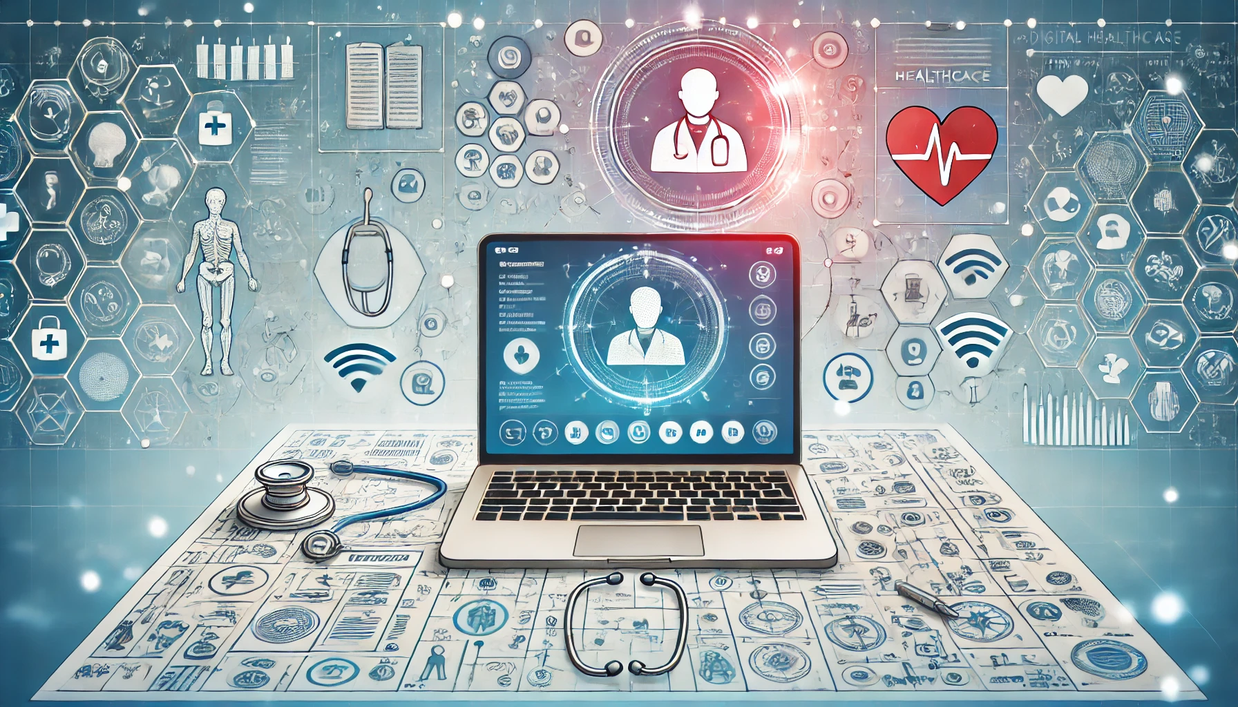 A detailed illustration of a digital healthcare platform interface on a computer screen, showing a virtual consultation between a doctor and a patient.png