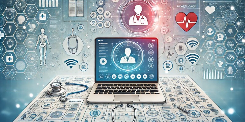 A detailed illustration of a digital healthcare platform interface on a computer screen, showing a virtual consultation between a doctor and a patient.png