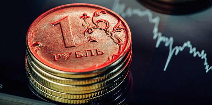 Ruble exchange chart on international stock exchanges. Close up.