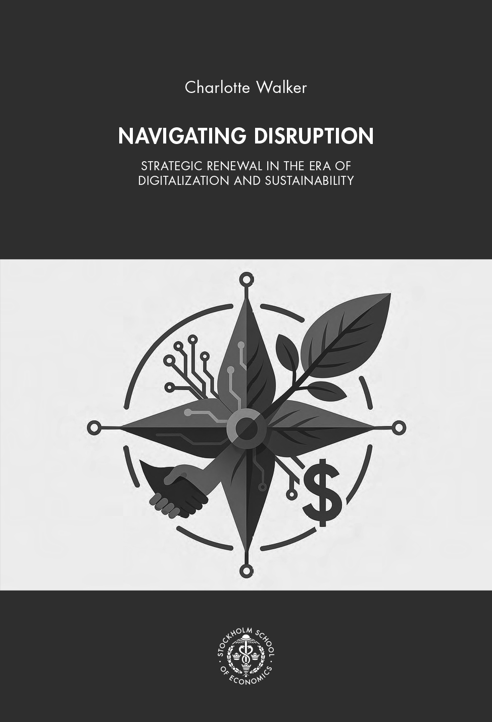 greyscale image of book front cover showing a compass rose with four symbols as ordinal directions of the compass:  a leaf, a dollar symbol, a handshake and a printed circuit board icon.