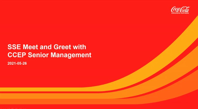 PPT slide showing in text;Meet and Greet with Senior Management of CCEP. Background color the brand color of Coca-Cola and the logo in upper right corner.