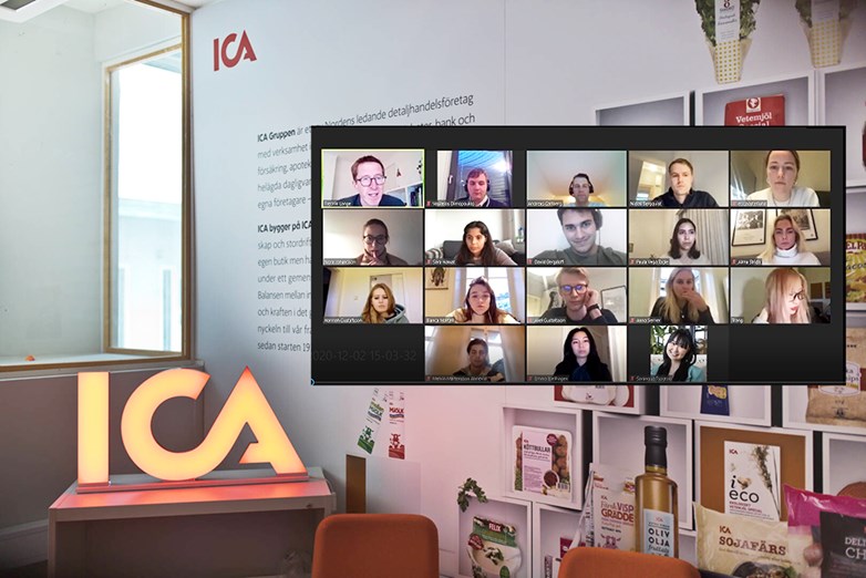 Zoom-participants  in a screen pasted into a picture showing a furnished room with ICA wallpaper and a lit ICA neon sign.