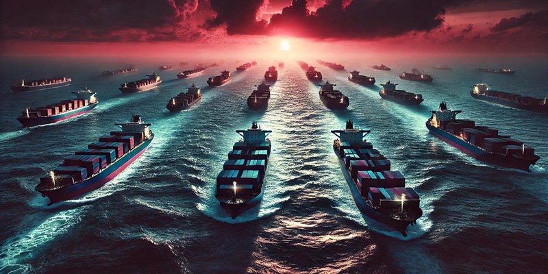 Depicts a fleet of cargo ships in an ominous setting, evoking themes of secrecy and sanctions evasion.