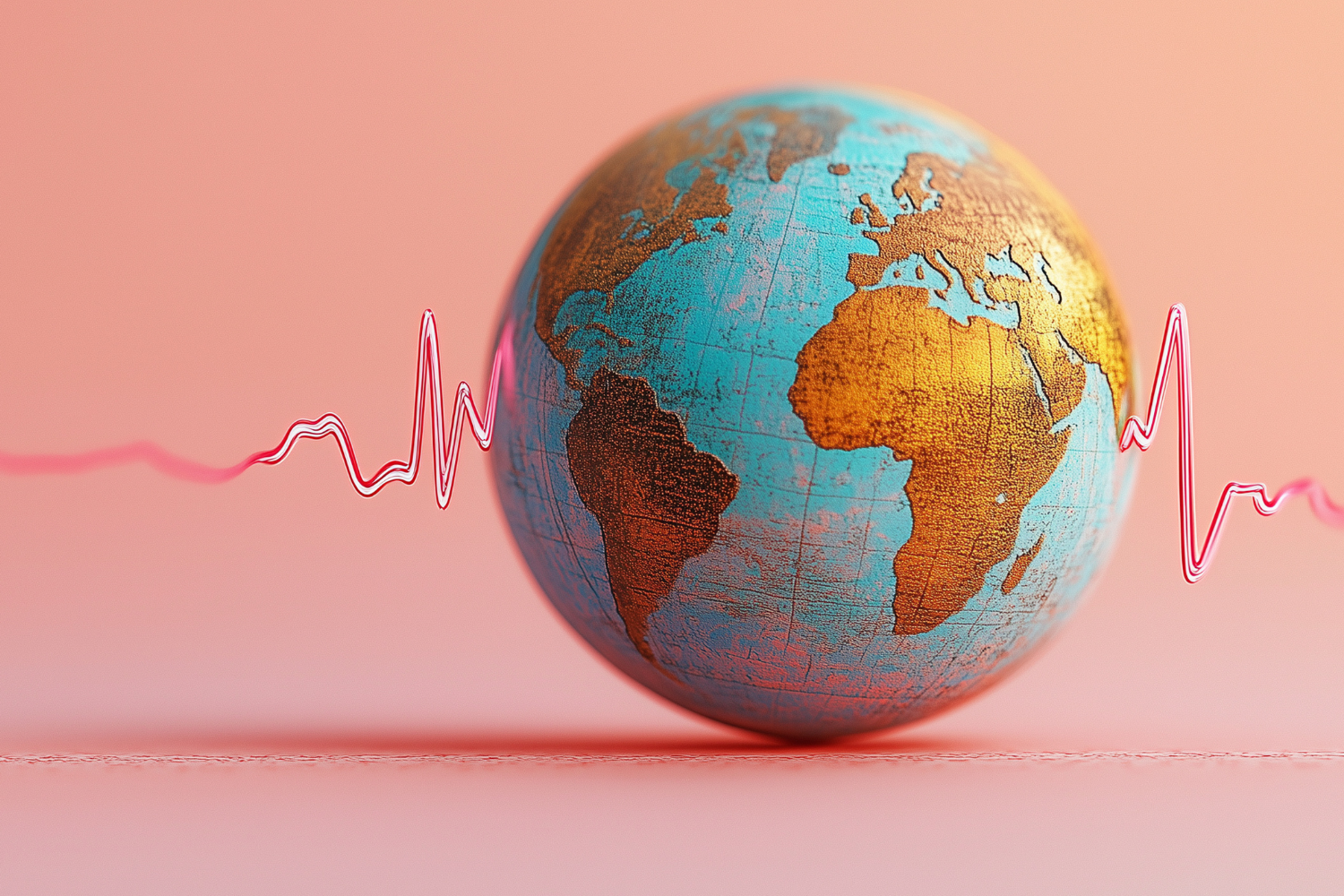 globe with a pulse on a coral red background