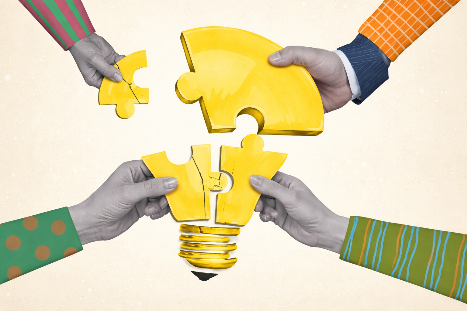 This is an illustration depicting private innovation and wealth inequality. Hands take a share of a light bulb, representing innovation and wealth. one hand gets most of the share.