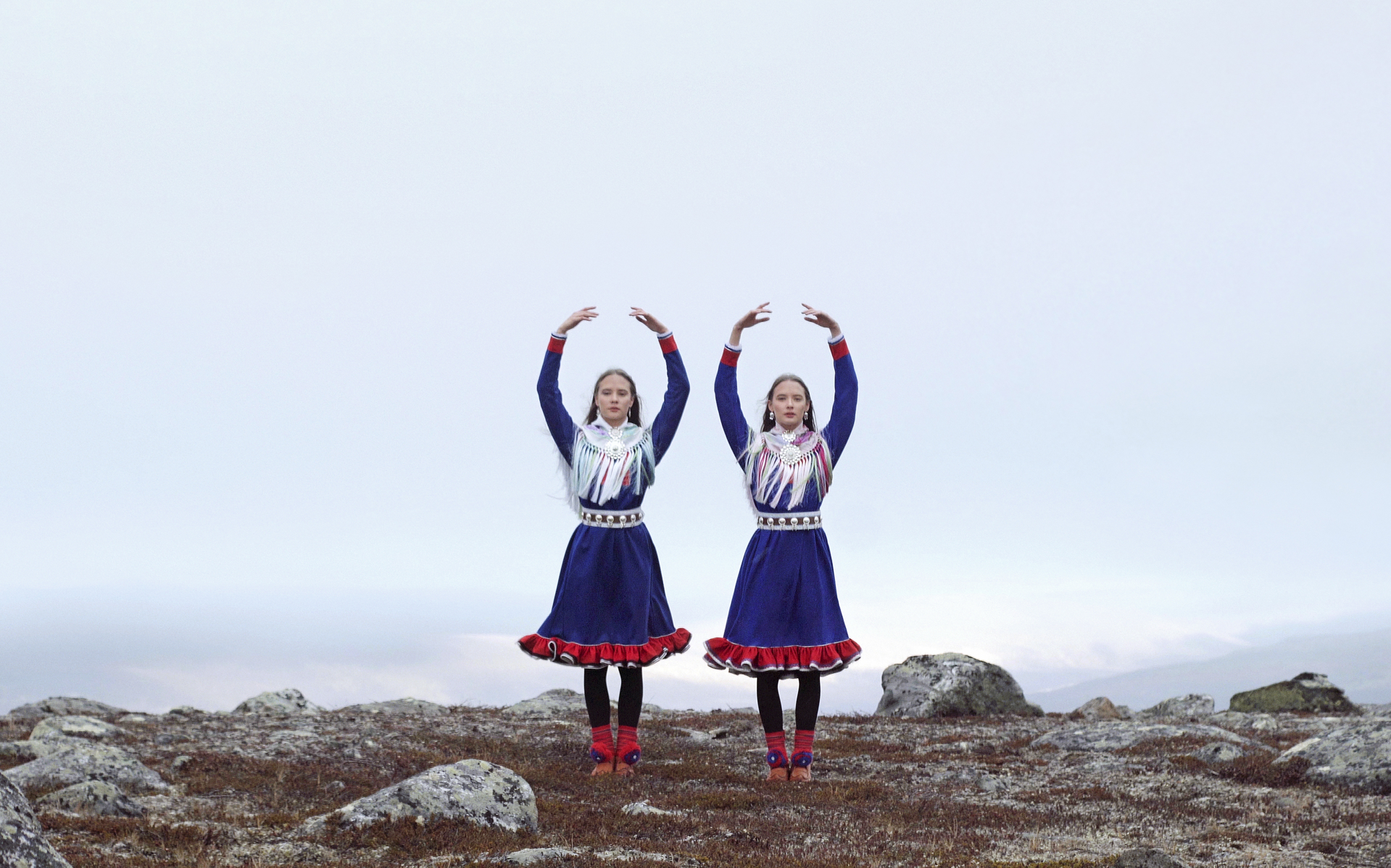 Still from Marja Helander's film Birds in the Earth, showing a dancer in the northern landscape