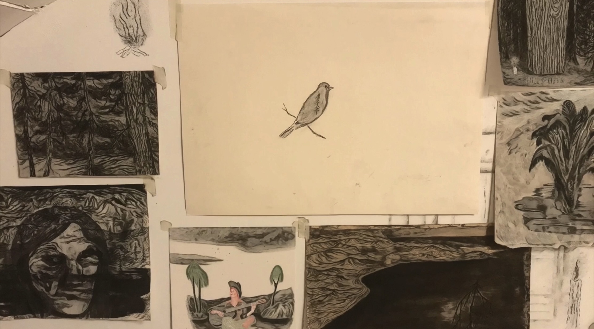 Still from Jeff Olsson's animated film Fulsommar brinn, showing a charcoal-drawn nocturnal scene