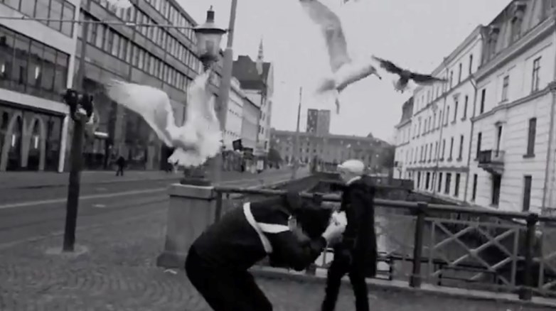 Still from Klas Barbrosson's film When the Seagulls Follow the Trawler, showing seagulls over a Gothenburg street