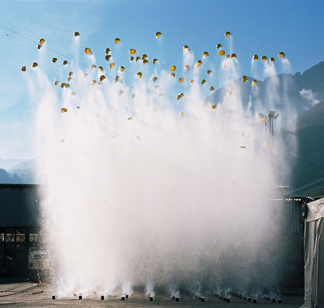 Still from Roman Signer's video 24 Action Sculptures, showing one of his explosive events