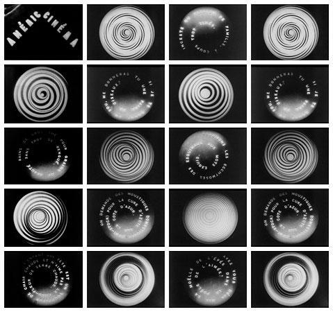 One of Duchamp's Rotoreliefs, a printed spiral disc set on a gramophone turntable.