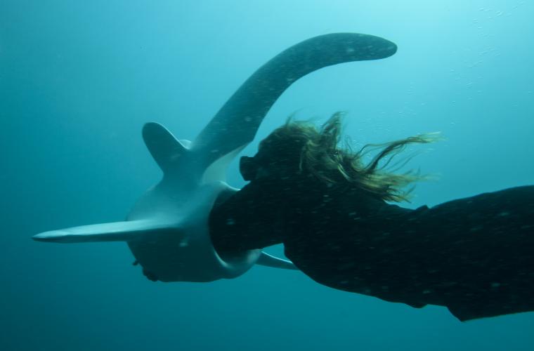 Still from Signe Johannessen's film: a woman swimming underwater with a large whale vertebra through murky turquoise water.