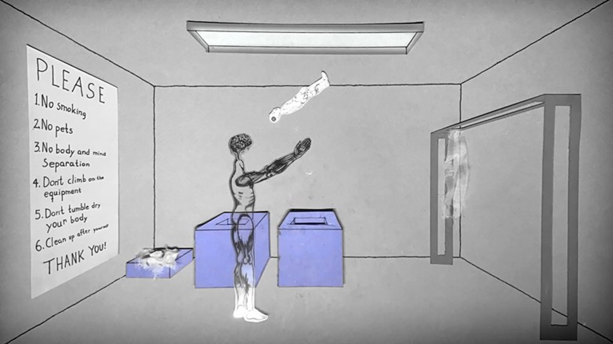 Still from Body and Mind by Hugo Karlsson and Marianne Schmidt, showing a laundry room