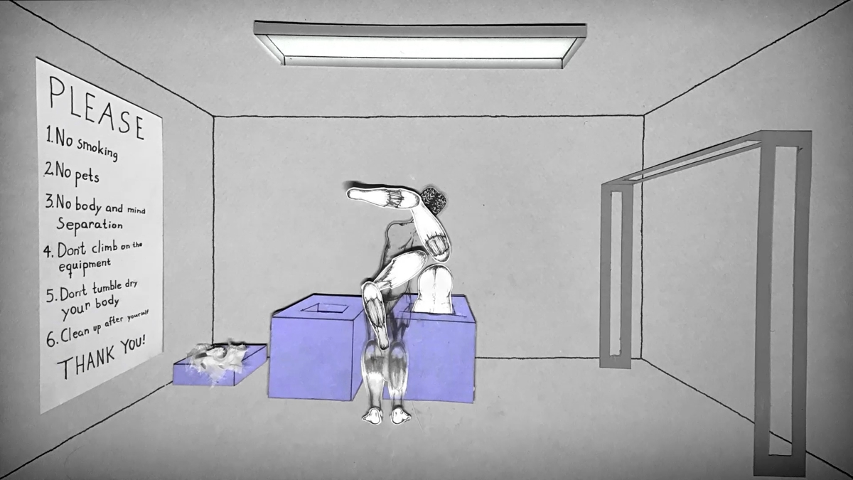  Still from Body and Mind showing the mind stretching the shrunken body on a rack