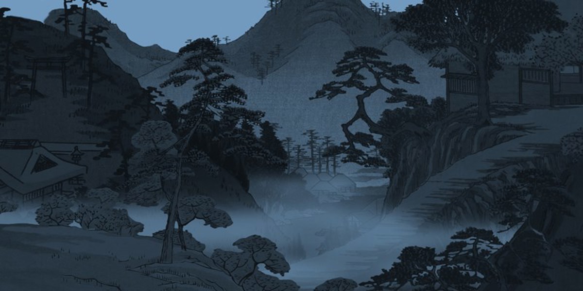 Still from Johan Thurfjell's animation The Hour of Meeting Evil Spirits, showing a foggy dusk landscape