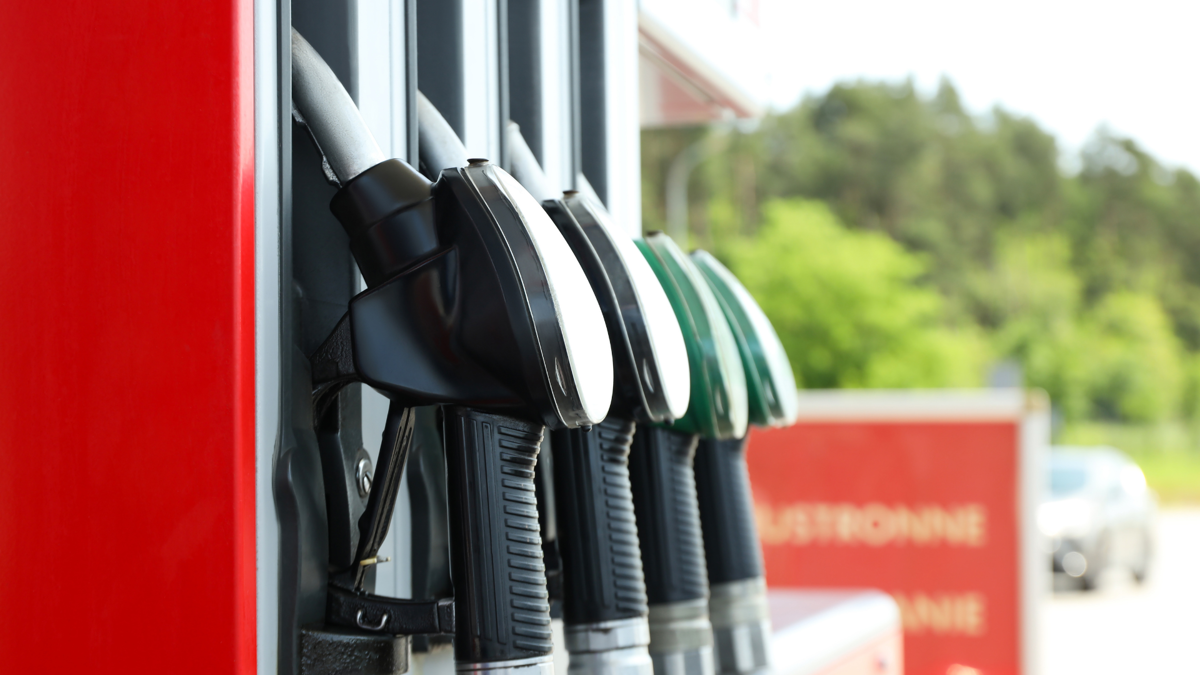Three fuel pumps at a gas stations lined up on their holders with a driveway lined by trees in the background.