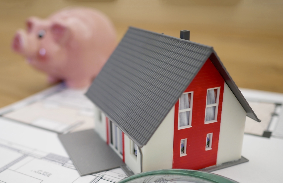 Model of a house with a pig in the background.