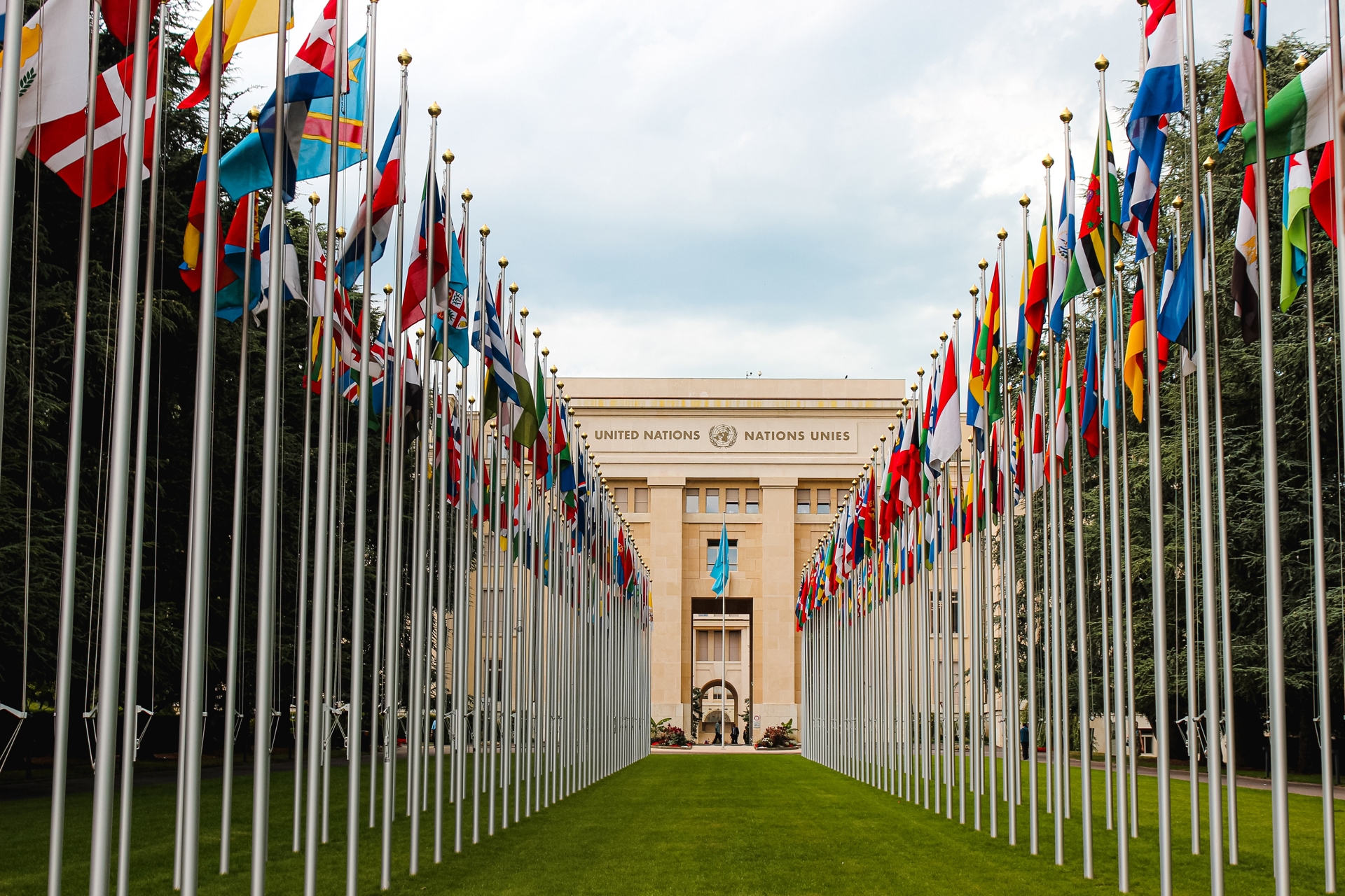 Grass lawn lined with flags of many nations in front of a UN building