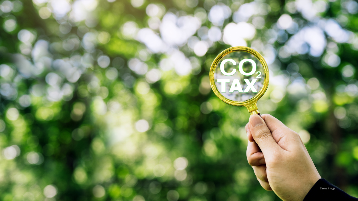 A hand holding up a magnifying glass in which it says "CO2 TAX" in capital letters, all set against a blurry background of foliage in sunshine.
