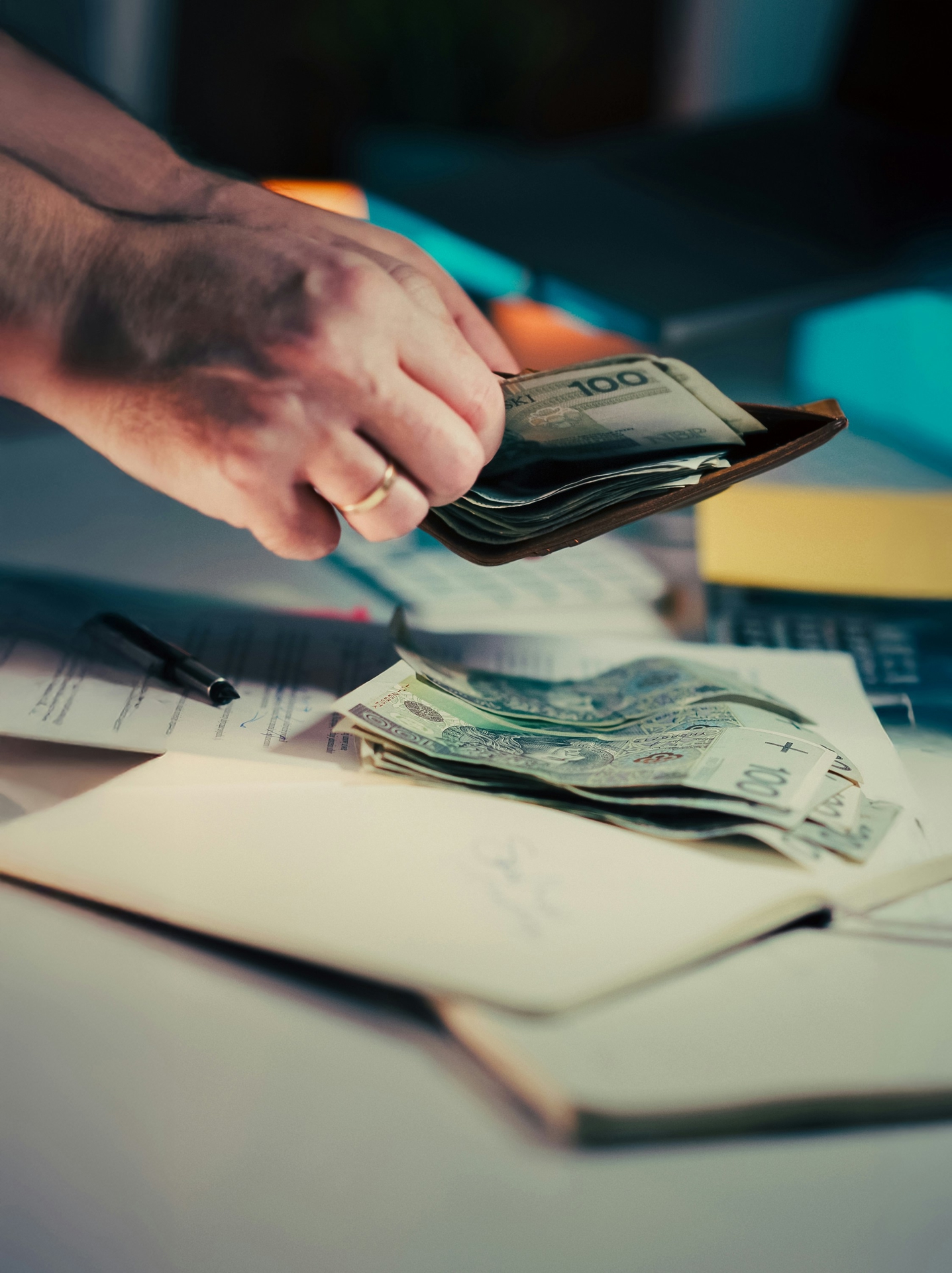 Hands holding a wallet, pulling out cash, with a computer displaying various graphs in the background.