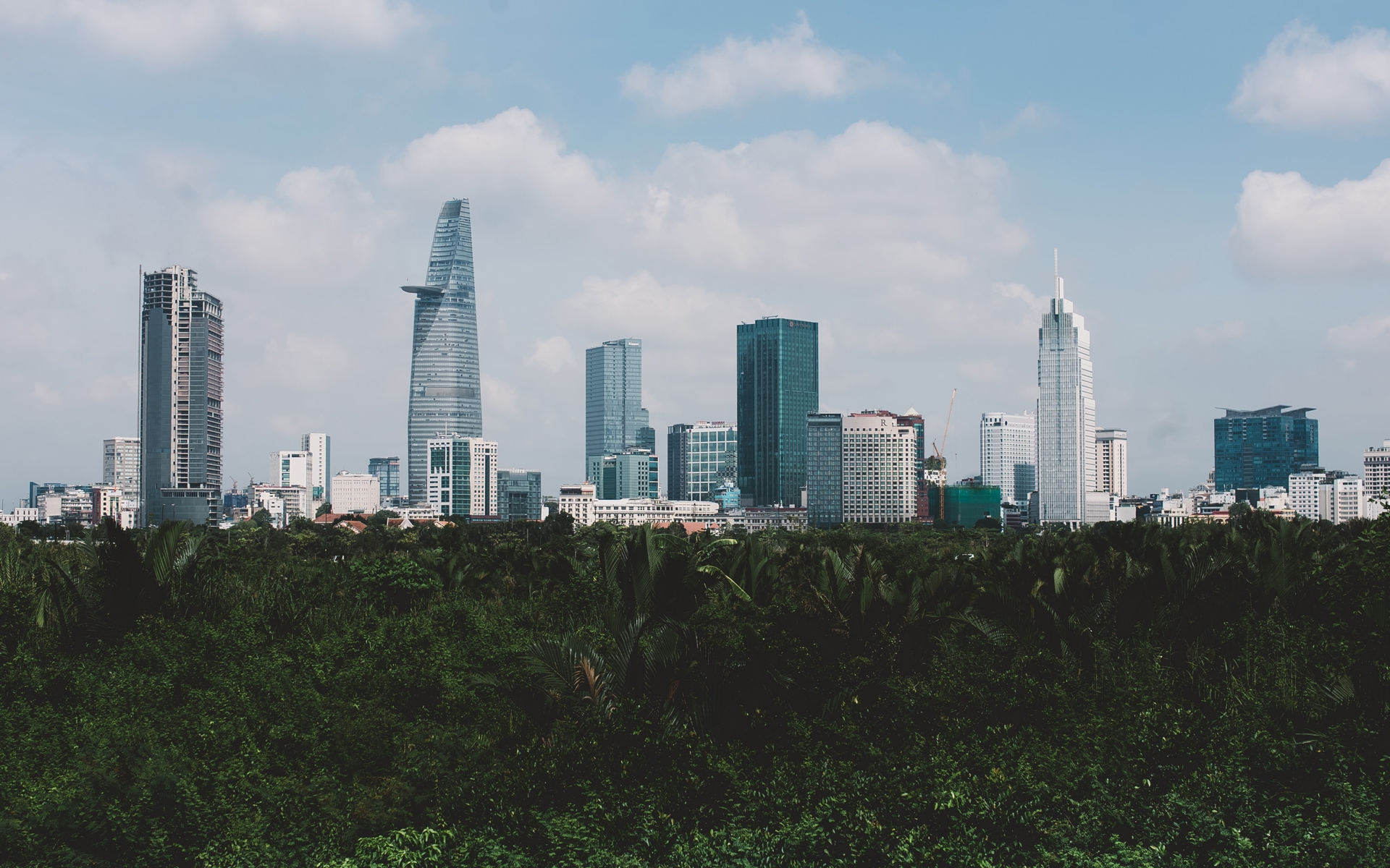 Skyline of a city with high-rise buildings and a forest in the foreground.